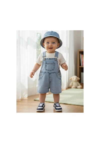 Altıntaş Baby Kot Kumaş Şapkalı Salopet Ve Tişört Set Mavi Mavi