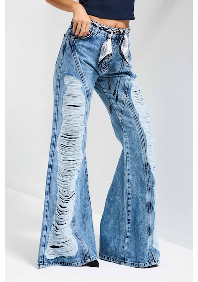 it's basic Kadın Mavi Flare Fit Altı Beslemeli Yırtık Ve Fular Detaylı Tasarım Denim Jean
