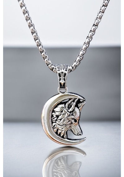 Ak Store Silver Gümüş Kaplama Krom-Çelik Erkek Kolye Madalyon Hilal İçinde Bozkurt Gümüş
