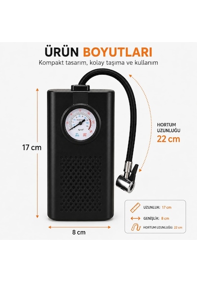 Orret Home Şarjlı Hava Kompresörü Göstergeli Hava Pompası Araç Araba Bisiklet Motosiklet Lastik Şişirme Top Den