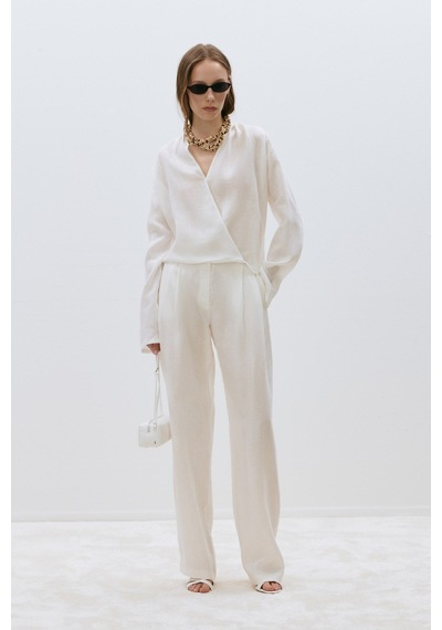 Suud Collection Beyaz %100 Keten Viana Kruvaze Bluz