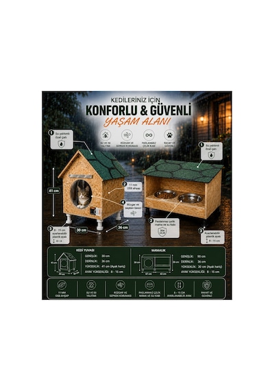Kedi Evi Kedi Yuvası 1 Adet Kedi Mamalığı 1 Adet Set Su Yalıtımlı