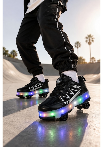 Muggo Skate Çocuk Işıklı Patenli Tekerlekli Sneaker Spor Ayakkabı Siyah