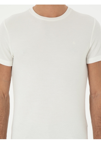 Beyaz Slim Fit Bisiklet Yaka Dokulu T-shirt 15841036