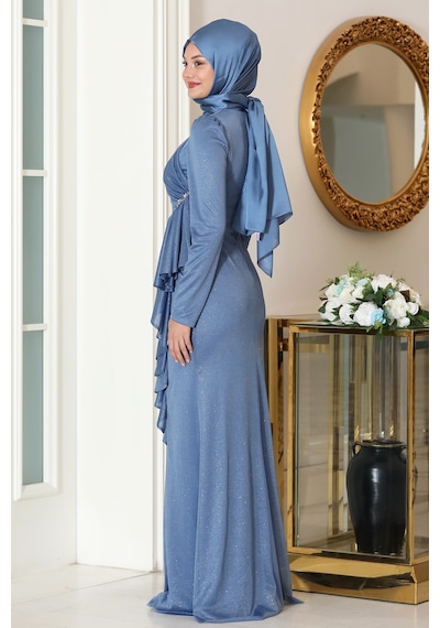 Raika Moda Parıltılı Fırfır Detaylı Zühre Tesettür Abiye İndigo