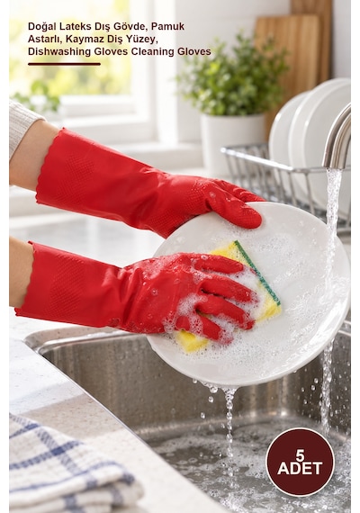 5 Adet S Beden Temizlik Ve Bulaşık Eldiveni Doğal Lateks Dış Gövde, Pamuk Astarlı, Kaymaz Diş Yüzey, Dishwashing Gloves Cleaning Gloves