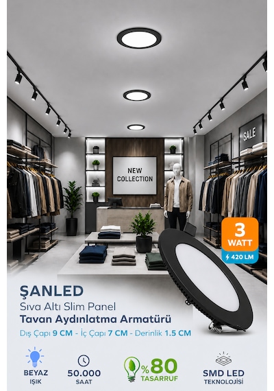 6w Tasarruflu Led Yuvarlak Siyah Kasa Beyaz Işık Sıva Altı Panel Aydınlatma Armatürü 2 Adettir