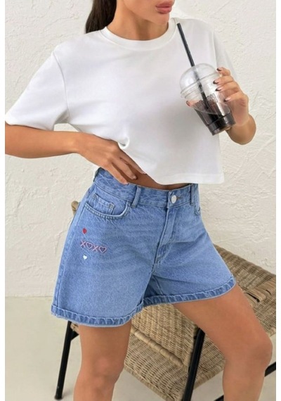 Kene Jeans Bacak Nakışlı Mavi İşlemli Kısa Kot Şort Mavi İşlemli