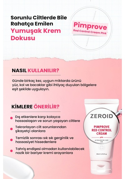Akneye Eğilimli Ciltler İçin Uygun Ph Dengesini Koruyan Krem Zeroıd Pimprove Red Control Cream Ph4