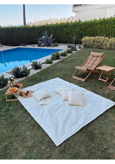 Pamuk Ham Keten Yer Masa Piknik Örtüsü Sofra Bezi 160 X 200 , 4 Minder 40 X 40 Set Bej