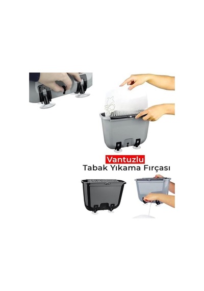 Vantuzlu Tabak Yıkama Fırçası, Plastik, Gri, 29.7x13x21 Cm, 3 Litre Hacimli, Su Tasarruflu Bulaşık Yıkama Kabı, Vakumlu Ayaklı Siyah