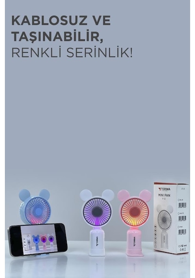 Torima F-12 Beyaz Mini Taşınabilir Fan Şarjlı 2 Kademeli Ledli Ayıcık Kulak Vantilatör Klima Soğutucu Fan