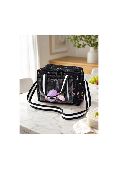 Çocuk Termal Okul Beslenme Çantası Şeffaf Cepli Peluş Aksesuarlı Omuz Askılı Lunch Bag Siyah