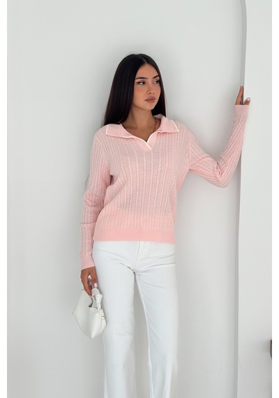 Femelle Kadın Pembe Polo Yaka Standart Beden Triko Bluz