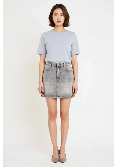 Benerly Kadın Mini Denim Etek Orta Bel %100 Pamuk Rigid Dokuma Klasik Kes Gri
