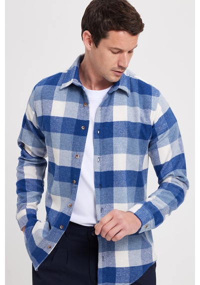Tudors Erkek Slim Fit Dar Kesim Kareli Kışlık Oduncu Gömlek-42329 Mavi