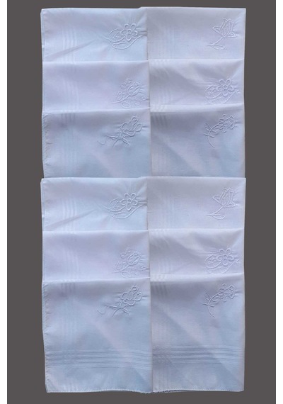 Çiçek İşlemeli Bayan Mendili 12 Adet 28x28 Cm 100 Pamuk Beyaz