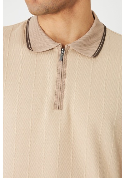 Bej Modern Kesim Fermuarlı Polo Yaka Erkek T-shirt Bej