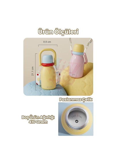 Dıller 610 Ml Premium Bardak Kapak Çift Kullanım Pipetli Rahat İçim Kulplu Askılı Paslanmaz Çelik Termos Ff9512 Yeşil