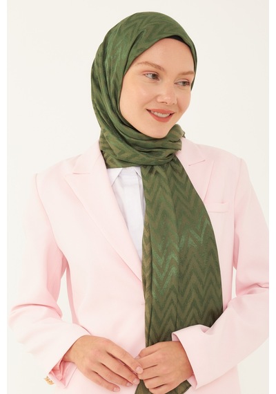 Mirsoy Scarf Zikzak Desen Parlak Jakar Şal - Yeşil Yeşil