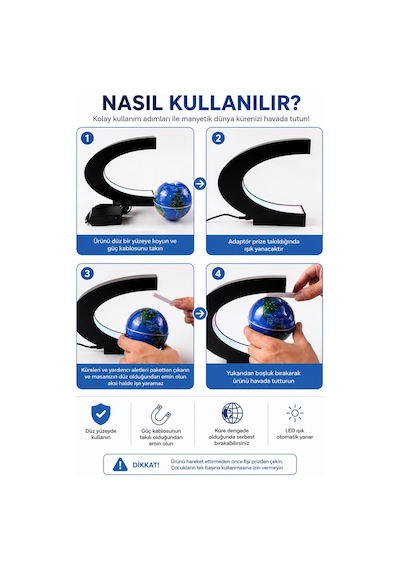 Manyetik Dönen Dünya Küre Sihirli Havada Duran Led Işıklı Dekoratif Globe Masaüstü Küre