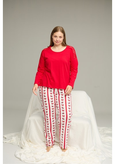 Siyah İnci Curve Büyük Beden Battal Boy Pamuklu Pijama Takım25240800 Kırmızı