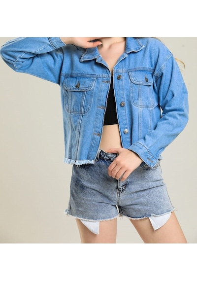 7014 Kadın Kadın Düğmeli Jeans Denim Kot Ceket Mavi