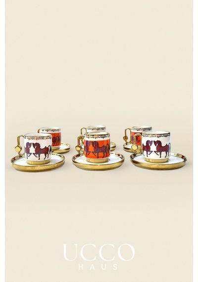 Altın Yaldızlı 6'lı 80 Ml Porselen Kahve Fincan Takımı At Motifli Premium Seri - Espresso Bardağı Beyaz-turuncu-gold Altın Yaldızlı 6'lı 80 Ml Porselen Kahve Fincan Takımı At Motifli Premium Seri - Espresso Bardağı Beyaz-turuncu-gold