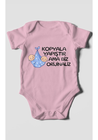 Morivokids Kopyala Yapıştır, Ama Yazılı Kısa Kollu Bebek Body %100 Pamuk Koyu Pembe