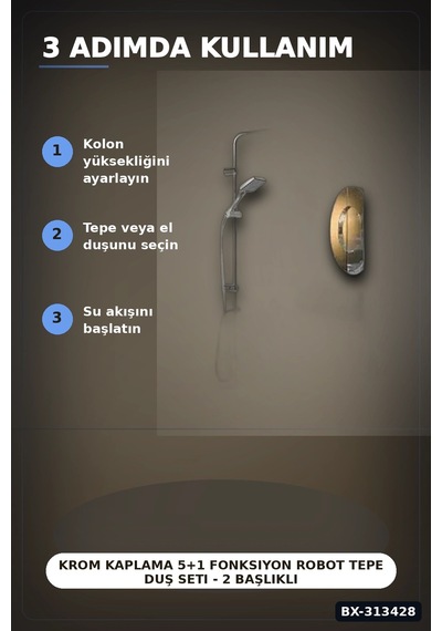 Krom Kaplama 5+1 Fonksiyon Robot Tepe Duş Seti - 2 Başlıklı Banyo Takımı Bx-313428 Açık Ahşap