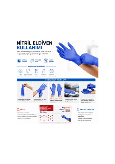 Rs Gloves Mavi Nitril Pudrasız Eksta Güçlü Muayene Eldiveni L Beden 100 Lü Non Steril