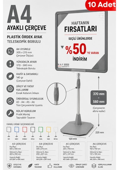 10 Adet - A4 Ayaklı Fiyat Etiketlik Teleskopik Borulu Çerçeve Etiketlik Yönlendirme Levhası Menü Panosu Gri