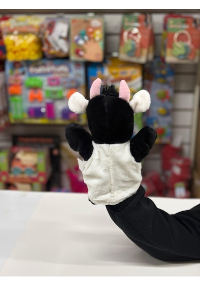Peluş 25 Cm El Kuklası Siyah Beyaz İnek Kukla Çok Renkli