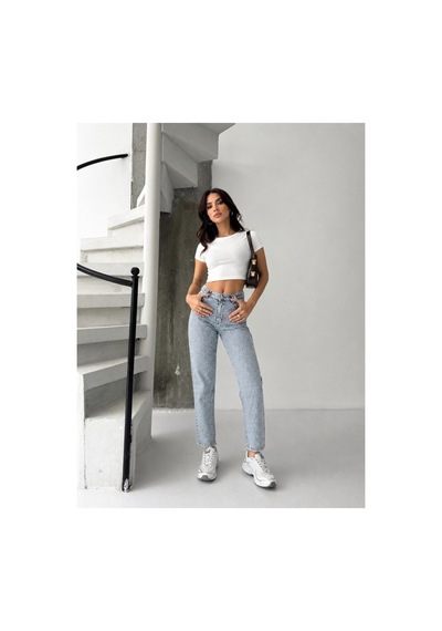 Kene Jeans Buz Kar Bacak Taşlı Mom Jeans Mavi