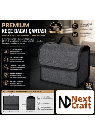 Araba Bagaj Çantası Oto Aksesuar Düzenleyici Organizer 35x30x25 Cm Antrasit/gri Renk 1 Adet