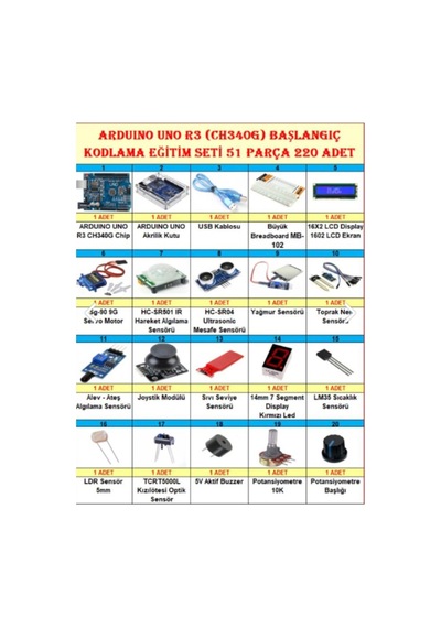 Arduino Uno R3 Ch340g Başlangıç Ve Kodlama Eğitim Seti 51 Parça 220 Adet
