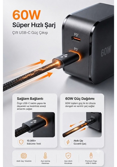 60w Çift Portlu Usb-c Girişli Akıllı Hızlı Şarj Adaptörü