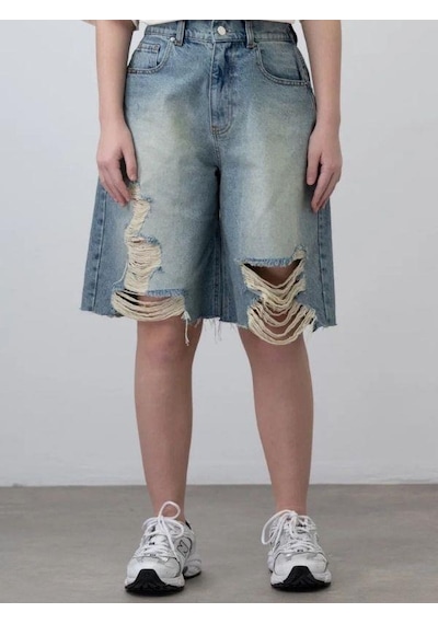Kız Çocuk Yırtık Denim Kot Şort-15784 Mavi