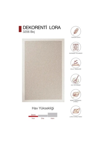 Hoom Rugs Lora 3206 Bej Çerçeveli Pamuk Taban Hav Toz Vermez Sisal Halı