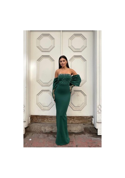DefyModa Kadın Esnek Tül Kumaş Straplez Abiye Elbise Zümrüt