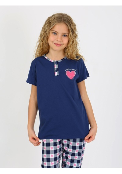 Kız Çocuk Kısa Kollu Düğme Detaylı %100 Pamuklu Pijama Takımı Special Love Lacivert