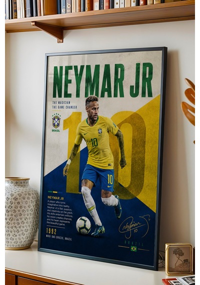 Neymar Brezilya Çerçeveli Tablo Premium Futbolcu Tabloları Lüks Salon Duvar Dekorasyonu Siyah