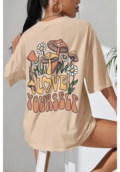 Flood Of Style Kadın Bej Love Yourself Baskılı Oversize T-shirt