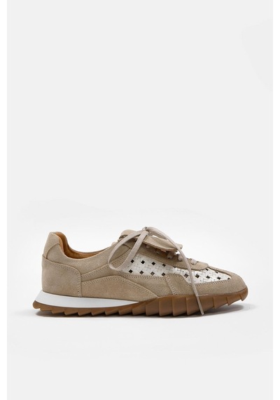 Minova Bej Hakiki Deri Kadın Sneaker Bej