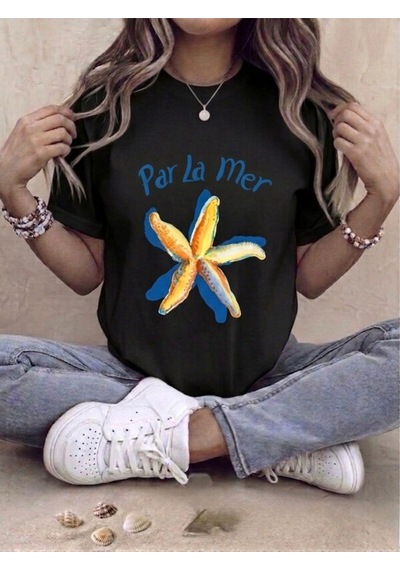 Par La Mer Baskılı Oversize Kompak T-shirt Siyah