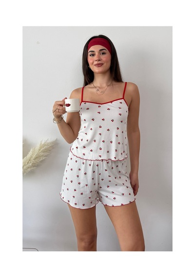 Giysa Kadın Askılı Kiraz Desenli Şortlu Pijama Takımı Beyaz - 3300