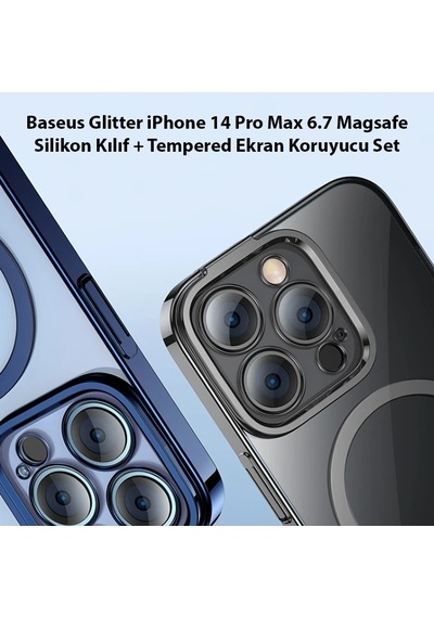 Baseus Glitter İphone 14 Pro Max 6.7 Magsafe Silikon Kılıf + Tempered Ekran Koruyucu Set- 5775 Çok Renkli