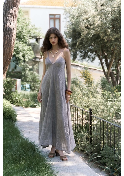 Mai Collection Mai Studios Co. Cinas Askılı Uzun Kahve Keten Elbise Kahve