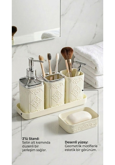 Makri Home 7 Parça Desenli Kare Click Kapaklı Beyaz Silver Banyo Seti, Hacim: 8 Litre Beyaz