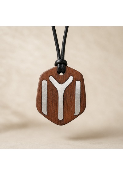 Kayı Boyu İyi Sembol Çift Taraflı Ahşap Metal Döküm Kolye - Unisex 011 - Kahverengi